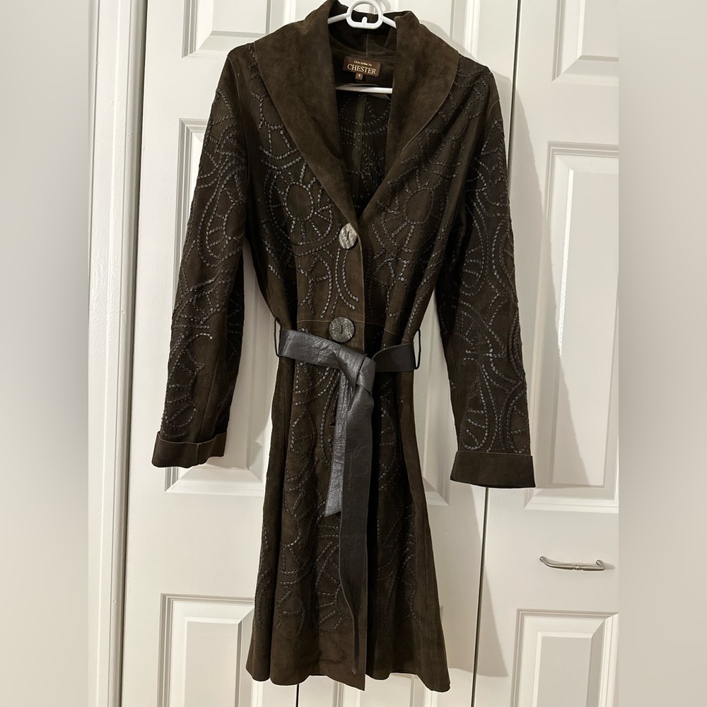 Vintage and rare find Glen Arthur for Chester 100% suede leather brown long coat